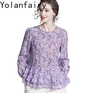 YOLANFAIRY 100% Real Mulberry Silk Blouses for Woman Elegant Spring 2026 Vintage Purple Floral Tee Shirt Women Cute Tops Shirts - AliExpress Shirts & Blouses