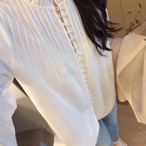 Elegant Pearl Button Pleated Long Sleeve White Shirt for Women Spring Commute Casual Loose Fit Polyester Fiber Fashion - AliExpress Shirts & Blouses