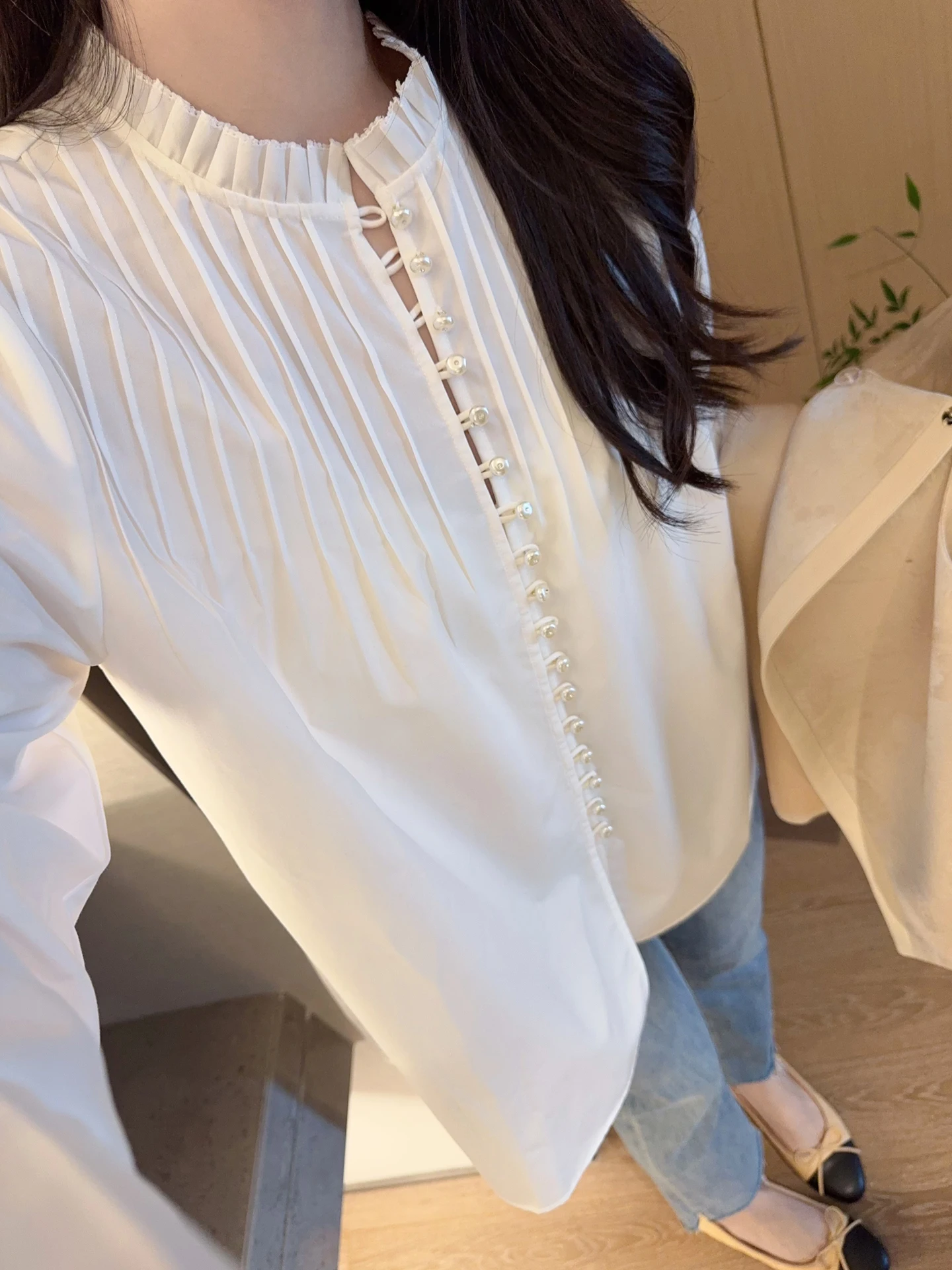 Elegant Pearl Button Pleated Long Sleeve White Shirt for Women Spring Commute Casual Loose Fit Polyester Fiber Fashion - AliExpress Shirts & Blouses