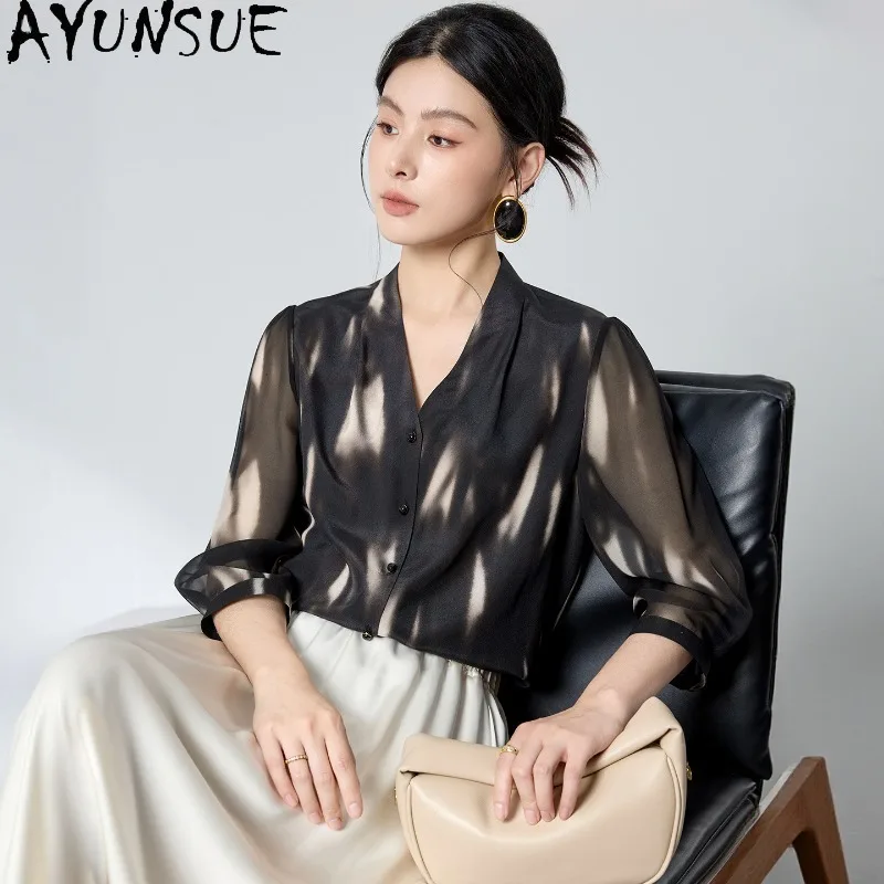 AYUNSUE 100% Silk Women's Blouses and Shirts Chinese Style V-neck Tops for Woman Fashion Tie-dye Blouse Woman Clothes Ropa Mujer - AliExpress Shirts & Blouses