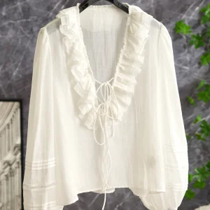 French Country Style Women's Shirt 100% Linen V-neck White Blouse with Lace Trim Belted Original Design Straight Cut Long Sleeve - AliExpress Shirts & Blouses