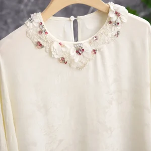 Floral Gem Embellished Silk Blend Oversized Shirt Women's round Neck Long Sleeve Comfortable Breathable Commute Style Top - AliExpress Shirts & Blouses