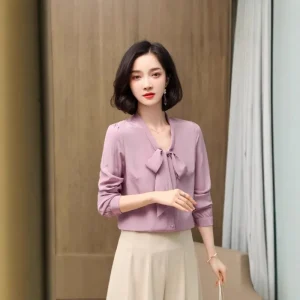 AYUNSUE 100% Silk Women's Blouses Elegant Lace-up Long Sleeve Tops for Woman Solid V-nevk Blouse Spring Woman Clothing 2026 - AliExpress Shirts & Blouses