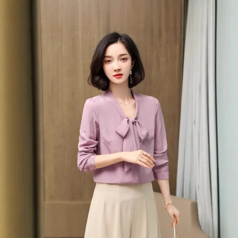AYUNSUE 100% Silk Women's Blouses Elegant Lace-up Long Sleeve Tops for Woman Solid V-nevk Blouse Spring Woman Clothing 2026 - AliExpress Shirts & Blouses