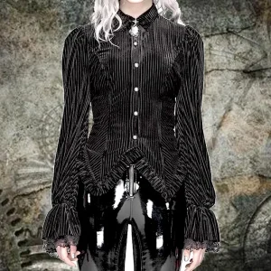 PUNK Gothic Style Green Black Red GOTHIC Lace Flared Slim Fit Long sleeves Dark Vein Striped velvet shirt for Womens - AliExpress Shirts & Blouses
