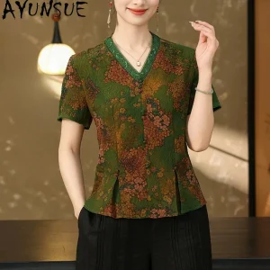 AYUNSUE 100% Real Mulberry Silk T-shirts for Women Vintage V-neck Womens Tops Summer Slimming Women Clothing 2026 New Ropa Mujer - AliExpress Shirts & Blouses
