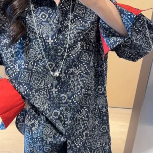 Retro Style Printed Cotton Shirt Loose Long Sleeve Women's Top Early Spring Fashionable Blue Color Block Casual Shirt - AliExpress Shirts & Blouses