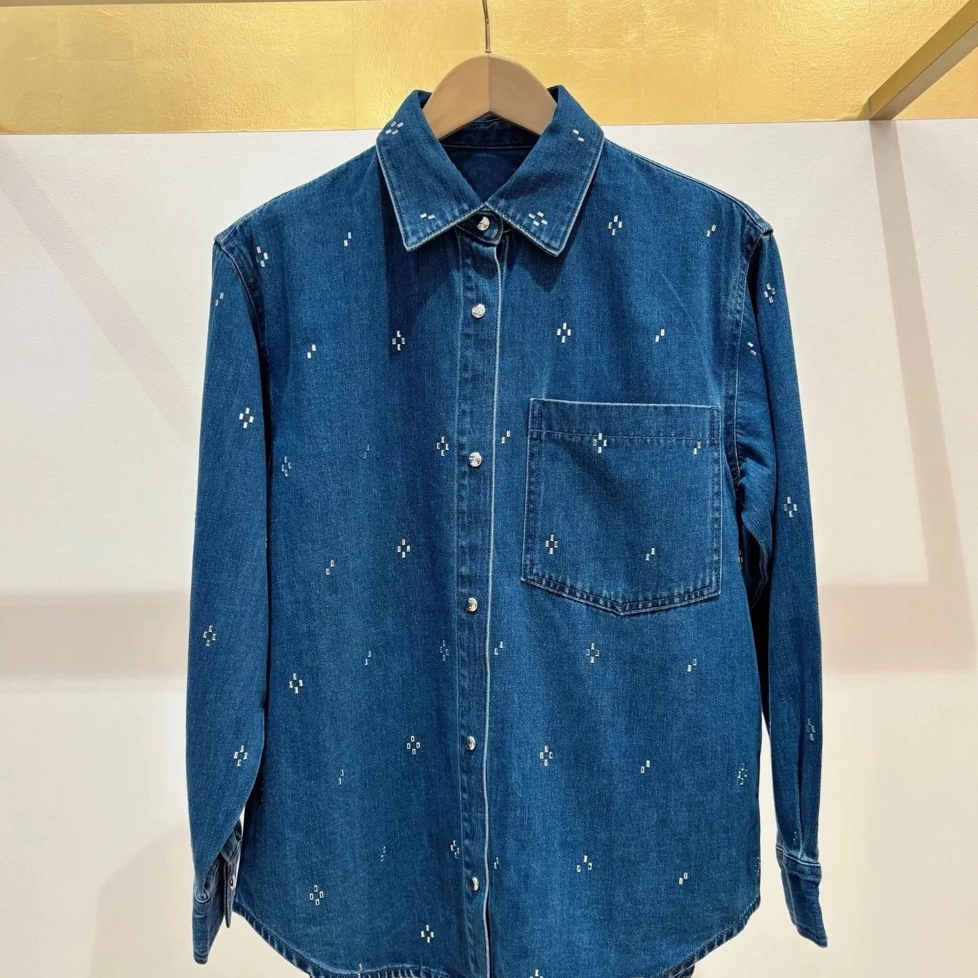 Spring 2026 Loose Fit Long Sleeve Crystal Embroidery Cotton Denim Shirt Geometric Pattern French Style Women's Open Cardigan - AliExpress Shirts & Blouses