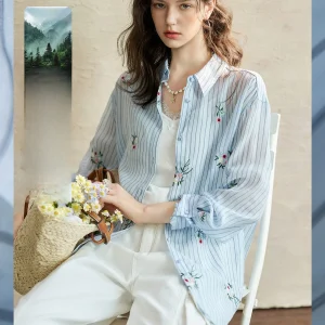 Lightweight Lenzing Shirt Floral Embroidery Shoulder-Drop Top Striped Women's Shirt Comfortable Breathable Simple Style Long ... - AliExpress Shirts & Blouses