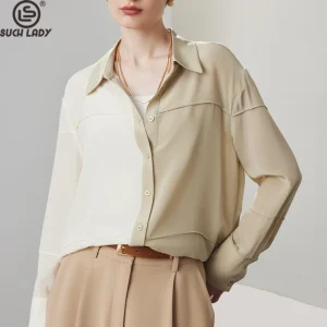 100% Silk Women's Shirt Turn Down Collar Long Sleeves Color Block Fashion Elegant Blouse Tops - AliExpress Shirts & Blouses