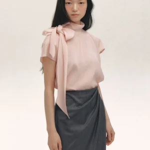 Elegant  Knot Loose Fit Short Sleeve Shirt Women's Summer New Style Slimming Acetate Shirt Stand Collar Thin Fabric - AliExpress Shirts & Blouses