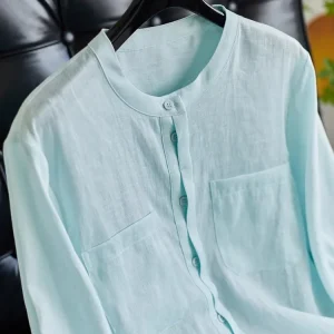 Lavish Summer Blue 100% Linen Whiteness Henry Collar Long Sleeve Women's Shirt Sun Protection Top OL Style Loose Fit - AliExpress Shirts & Blouses