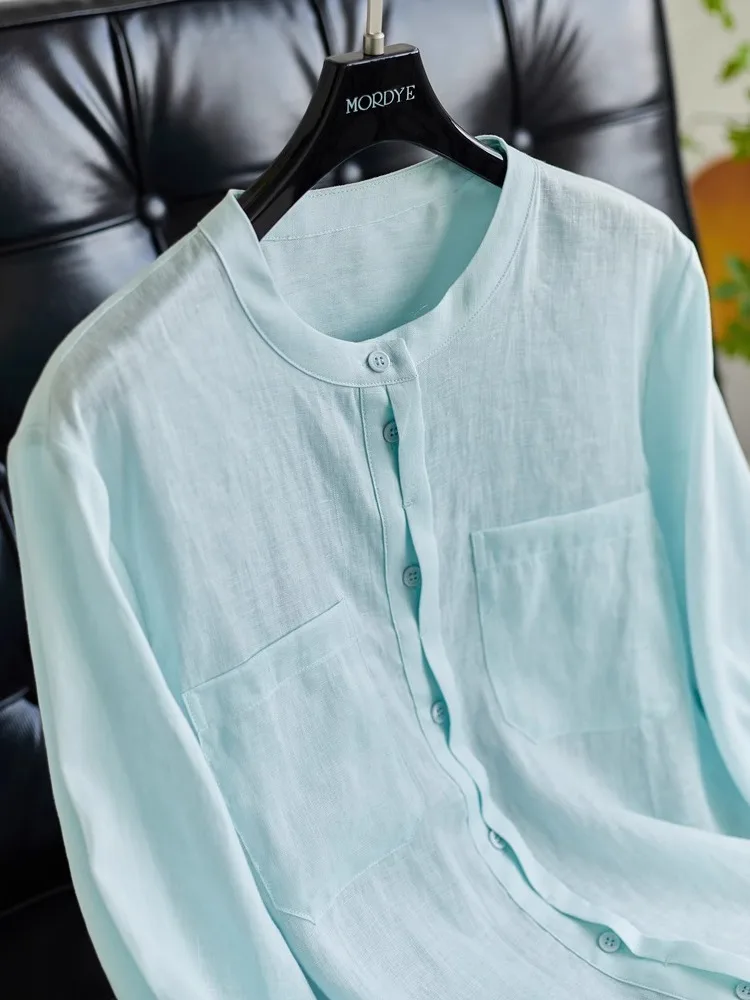 Lavish Summer Blue 100% Linen Whiteness Henry Collar Long Sleeve Women's Shirt Sun Protection Top OL Style Loose Fit - AliExpress Shirts & Blouses