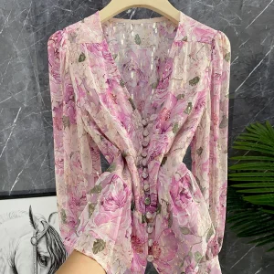 Elegant V-neck Long Sleeve Silk Shirt Floral Print Embroidery Button Detail Slim Fit Women's Premium Quality Clothing - AliExpress Shirts & Blouses