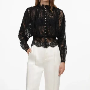 Women Elegant Black Floral Lace Blouse Ruffle High Neck Long Puff Sleeve Top Scalloped Hem Party Shirt tops - AliExpress Shirts & Blouses