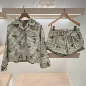 Spring Summer New Fashion Sleepwear Style Embroidered Flower Cuban Collar Turn-down Stripe Long Sleeve Shirt Shorts Women's C... - AliExpress Shirts & Blouses