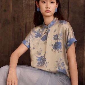 New Chinese Style Satin Acetate Floral Embroidery Short Sleeve Stand Collar Women's Shirt Breathable Moisture Wicking Summer Top - AliExpress Shirts & Blouses