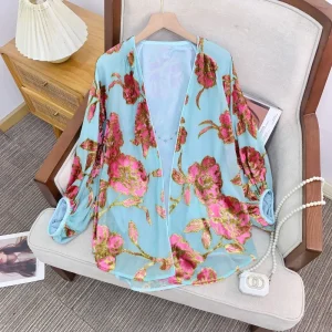 New Chinese Sle Velvet irts Women's Outerwear Embroidered Floral T Tops Breathable Loose Fit Long Sve V-Ne Cardi... - AliExpress Shirts & Blouses
