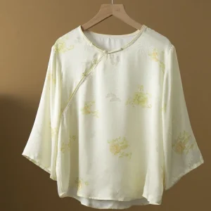 Winsleter-100%Real Silk Elegant Shirt, O Neck 3/4 Sleeve Print, Women Retro Versatile Casual Loose Blouse, 2026 Autumn T68534CC - AliExpress Shirts & Blouses