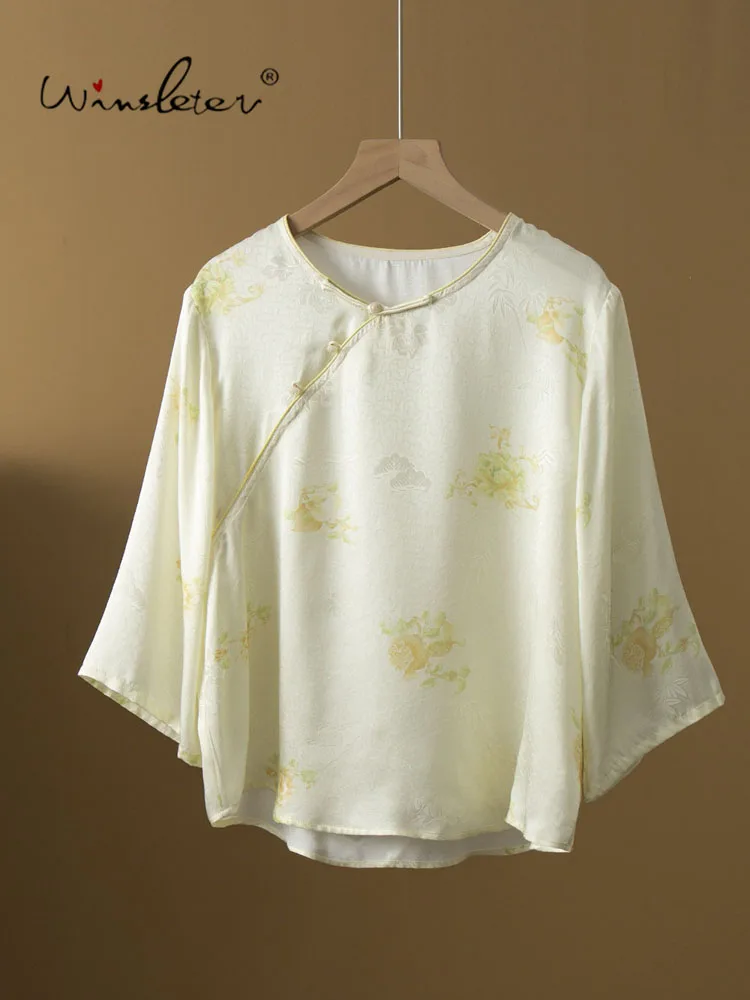 Winsleter-100%Real Silk Elegant Shirt, O Neck 3/4 Sleeve Print, Women Retro Versatile Casual Loose Blouse, 2026 Autumn T68534CC - AliExpress Shirts & Blouses