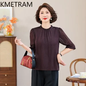 KMETRAM 90% Mulberry Silk Xiangyunsha Shirts for Women 2026 Spring Solid-color Pleated Collar Half-sleeve Blouses Blusa Feminina - AliExpress Shirts & Blouses