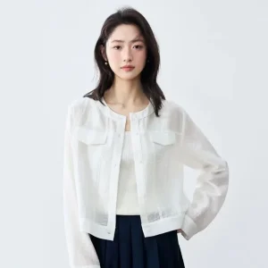 Women Round Neck Long Sleeve Sheer Sun Protection Shirt Loose Cropped Cardigan Lightweight See‑through Casual Outerwear Blouse - AliExpress Shirts & Blouses
