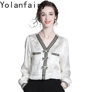 YOLANFAIRY New 95% Real Mulberry Silk Blouses for Woman Autumn Elegant V-neck White Long Sleeve Shirts Jacquard Women Top Blouse - AliExpress Shirts & Blouses