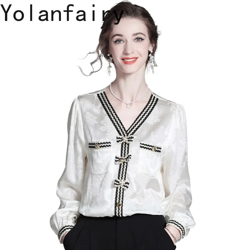 YOLANFAIRY New 95% Real Mulberry Silk Blouses for Woman Autumn Elegant V-neck White Long Sleeve Shirts Jacquard Women Top Blouse - AliExpress Shirts & Blouses