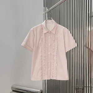 Casual Style Embroidered Letter Short Sleeve Shirt Stand Collar Flounce Hem Slimming Top Versatile Cotton Blend Women's Fashion - AliExpress Shirts & Blouses