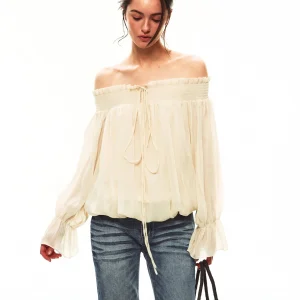 Summer 26SS Single Moment Off-Shoulder Loose Long Sleeve Women's Top with Pleats And Wood Grain Edges French Style Lace Shirt - AliExpress Shirts & Blouses
