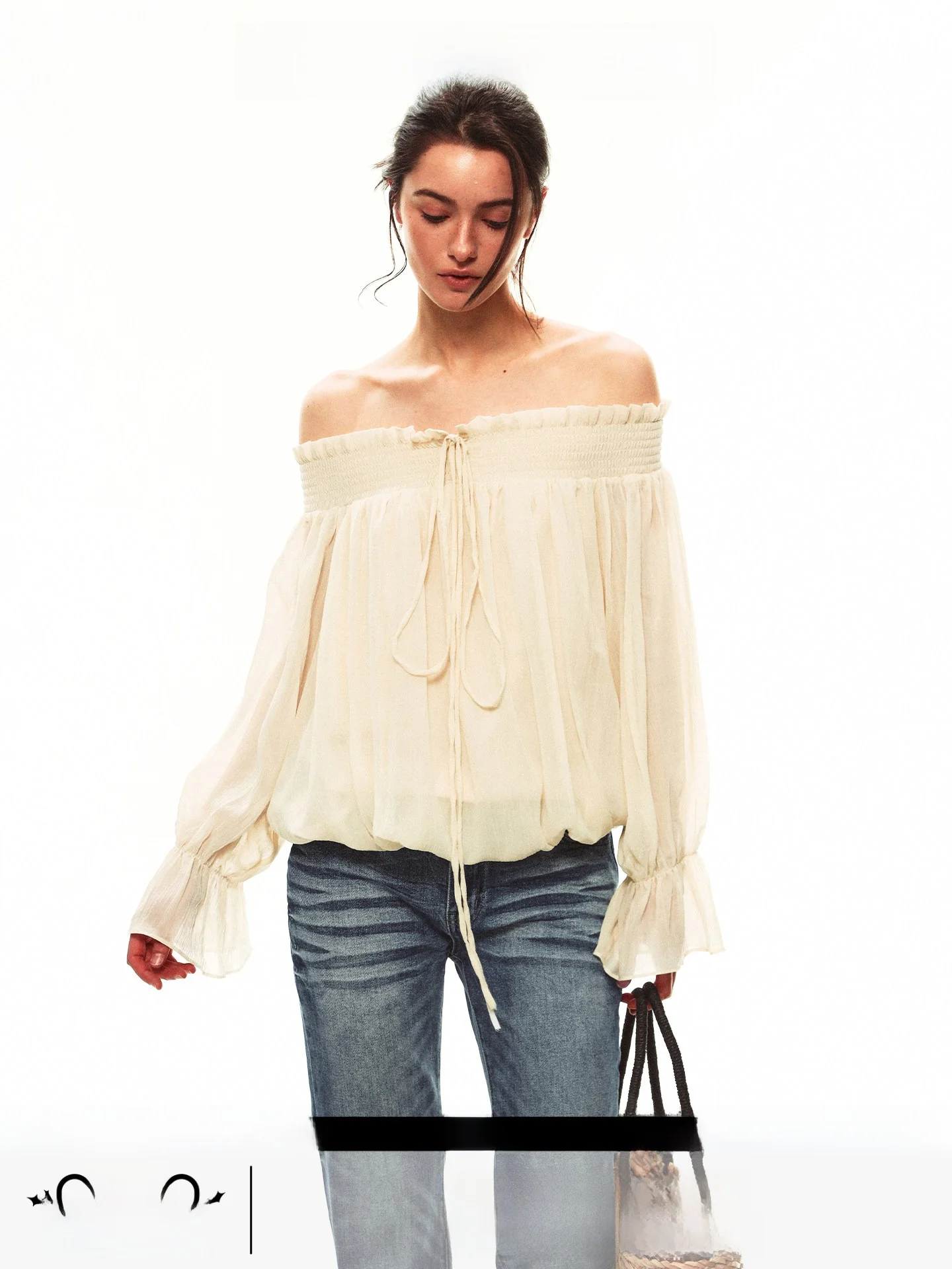 Summer 26SS Single Moment Off-Shoulder Loose Long Sleeve Women's Top with Pleats And Wood Grain Edges French Style Lace Shirt - AliExpress Shirts & Blouses