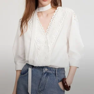 ELLE Women's Fashionable Lace Hollow out V-neck Moonlight Ballet Shirt Summer New Style Commute Style Loose Fit Button Detail - AliExpress Shirts & Blouses