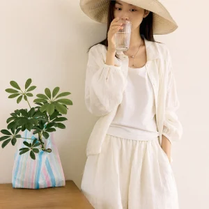 Nianbai Linen Crop Top with Collar Long Sleeve Women's Summer Shirt Adjustable Loose Fit Sun Protection Casual Shorts - AliExpress Shirts & Blouses