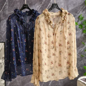 Artistic Floral Print Bell Sleeve Shirt Vintage Bloom Collar Long Sleeve Women's Top Spring Season Original Design Straight Cut - AliExpress Shirts & Blouses