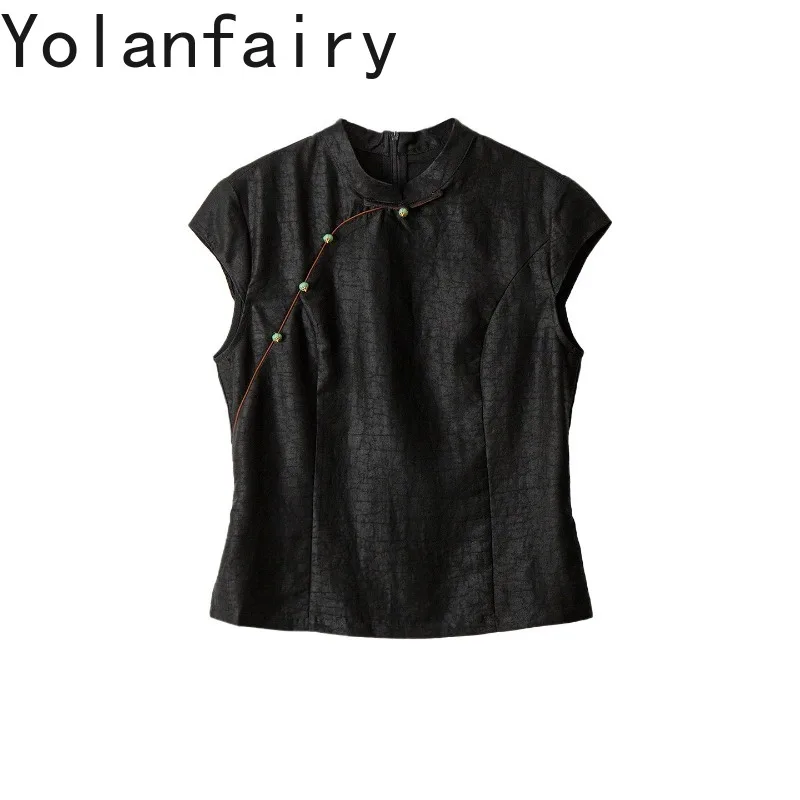YOLANFAIRY Women Stand Collar Waist Fitted Silk Top 100% Mulberry Silk Crack Texture Gambiered Shirt Short Sleeve Summer Blouse - AliExpress Shirts & Blouses