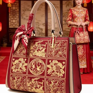 Red Embroidered Leather Tote Bag Women's Wedding Handbag Single Shoulder Crossbody Foxer Gold  Genuine Leather Bag - AliExpress Women's Handbags