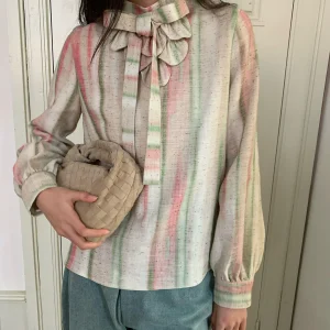 Spoii Loose Cotton Linen Shirt Printed  Knot Half High Collar 3D Petal Casual Style Women's Premium Fashion Top - AliExpress Shirts & Blouses