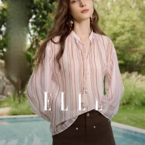 ELLE Women's V-Neck Shirt Casual Lightweight Striped Commute Style Summer New Arrival Elegant Feel Loose Fit Seven Sleeve - AliExpress Shirts & Blouses