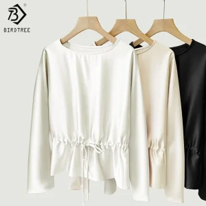 Birdtree OEKO-TEX 22MM 100% Silk Drawstring Blouse,Women Solid O-neck Shirt,2025 Summer Autumn Full Sleeve TopsT5O403JF - AliExpress Shirts & Blouses