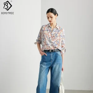 Birdtree, 100% Silk Blouse, Print Lapel Thin Tops, Women Double Crepe Full Sleeve Casual Shirt, Commute Style, 2026 New T63515JF - AliExpress Shirts & Blouses