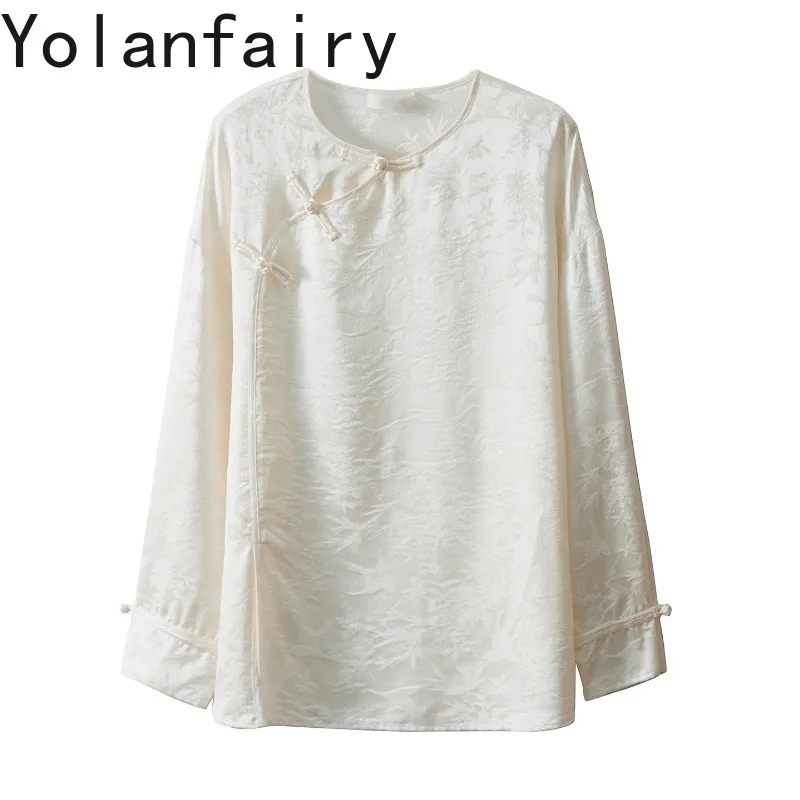 YOLANFAIRY New 100% Pure Mulberry Silk Blouse for Woman Elegant Round Neck Long Sleeve Shirts Womens Clothing Top chemise femme - AliExpress Shirts & Blouses