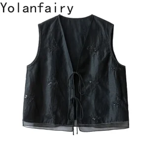 YOLANFAIRY High-end 100% Real Mulberry Silk Vest Women Summer Top Xiangyunsha Shirts Blouses Embroidery Drawstring Tie Waistcoat - AliExpress Shirts & Blouses