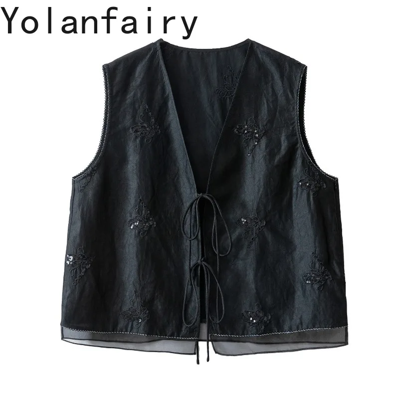 YOLANFAIRY High-end 100% Real Mulberry Silk Vest Women Summer Top Xiangyunsha Shirts Blouses Embroidery Drawstring Tie Waistcoat - AliExpress Shirts & Blouses