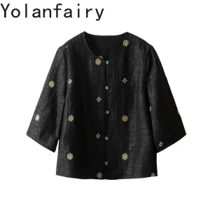 YOLANFAIRY 100% Mulberry Silk Jacket Floral Embroidery Gambiered Silk Shirts and Blouses Half Sleeve Womens Black Top Coat 2026 - AliExpress Shirts & Blouses