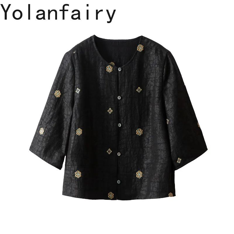 YOLANFAIRY 100% Mulberry Silk Jacket Floral Embroidery Gambiered Silk Shirts and Blouses Half Sleeve Womens Black Top Coat 2026 - AliExpress Shirts & Blouses