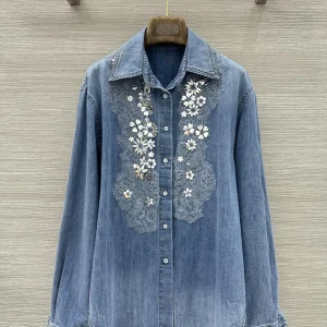 2026 Women Flower Beaded Denim Shirt Lace Spliced Single Breasted Long Sleeve Turn-down Collar Fashion 100% Cotton Blouse - AliExpress Shirts & Blouses