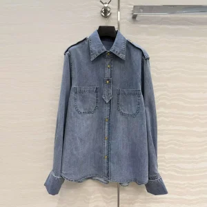 2026 New Fashion Vintage Blue Denim Shirt Women Lapel Gold Buttons Long Sleeve Loose Casual Blouse - AliExpress Shirts & Blouses