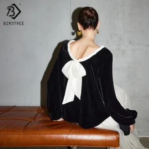 Birdtree,Base Fabric 100%  Silk Velvet Blouse,Women's Beading Full Sleeve Pullover,Elegant Bow Tops,2025 New T5D838JF - AliExpress Shirts & Blouses