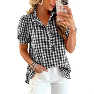 Women's Gingham Ruffle Trim Blouse Short Puff Sleeve Button Down Shirt Casual Plaid Tunic Top - AliExpress Shirts & Blouses