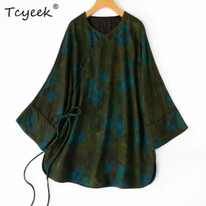 Tcyeek 100% Real Silk Blouses for Women 2026 Spring New Style Vintage Blue Lotus Print Loose Shirts Woman Clothing Chemise Femme - AliExpress Shirts & Blouses